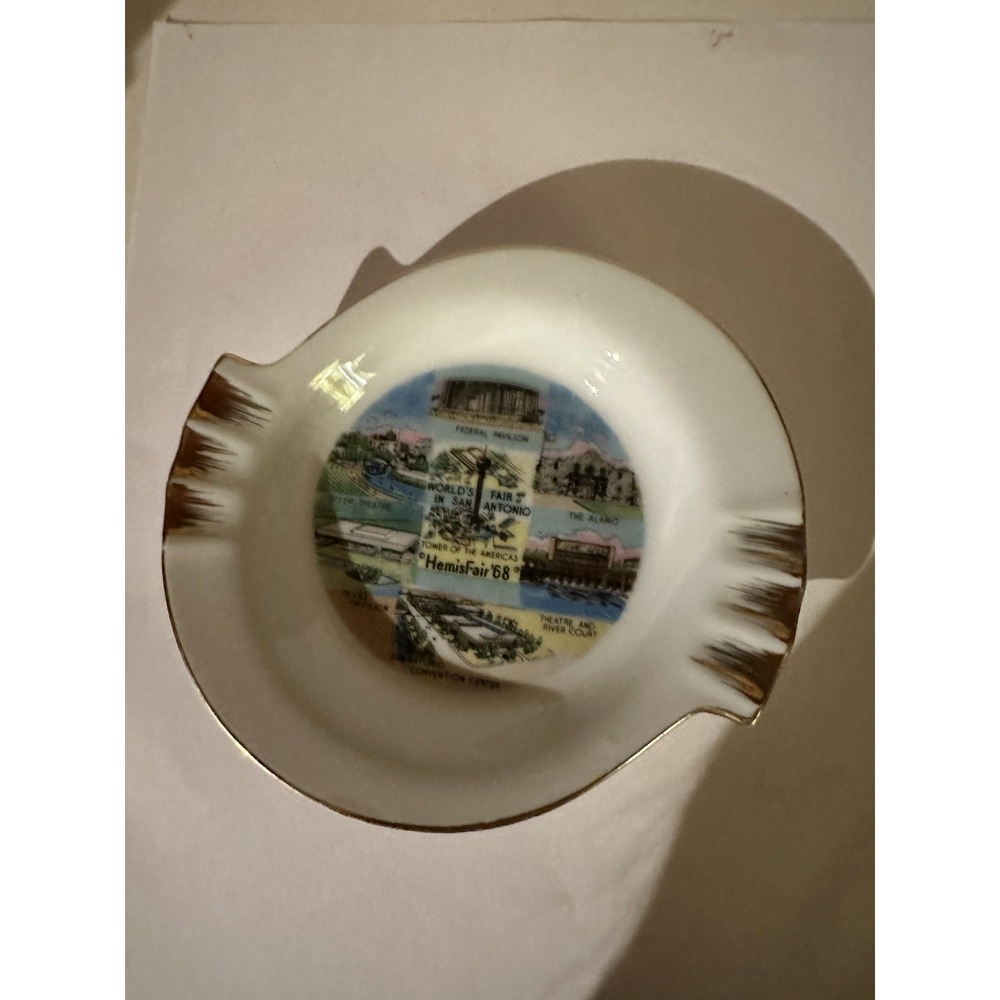 1968 Hemisfair Texas Worlds Fair Ash Tray San Antonio Gold Accent White Japan EC